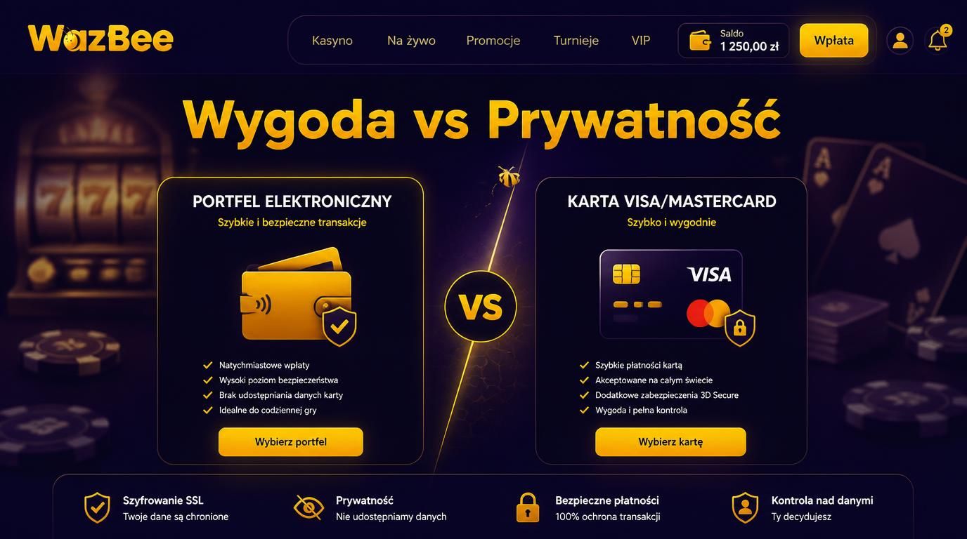 Interfejs z kartą, e-portfelem oraz ikoną prywatności w stylu kasyna online