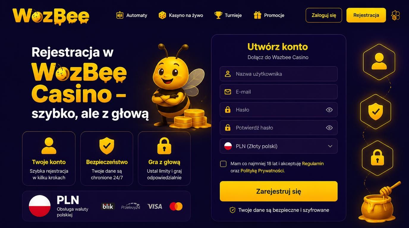 Interfejs rejestracji kasyna z perspektywy gracza z Polski, uwzględniający walutę PLN i elementy bezpieczeństwa