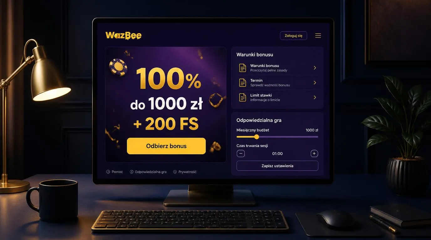 Ekran oferty powitalnej kasyna z warunkami bonusu oraz ustawieniami limitu czasu i budżetu