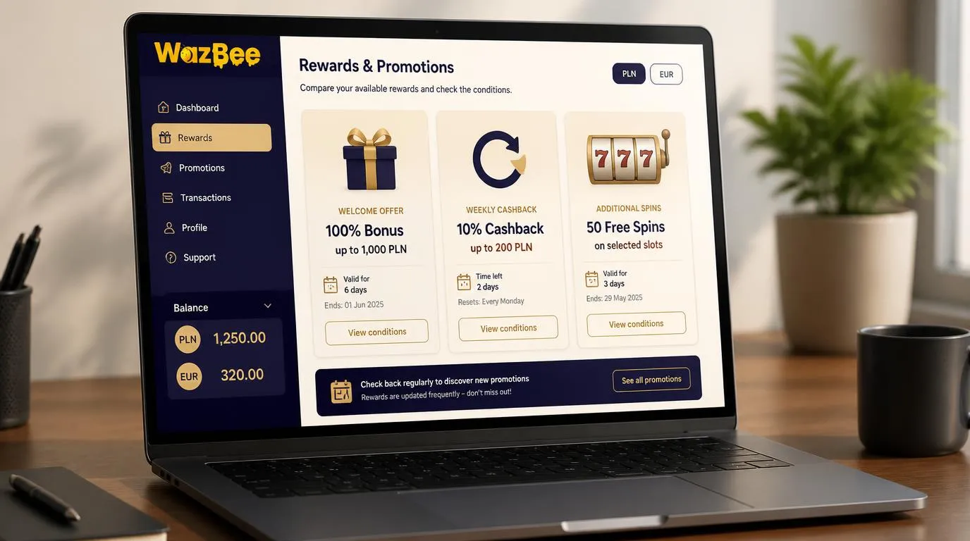 Panel promocji kasyna z kartami bonusu powitalnego, cashbacku tygodniowego i dodatkowych spinów