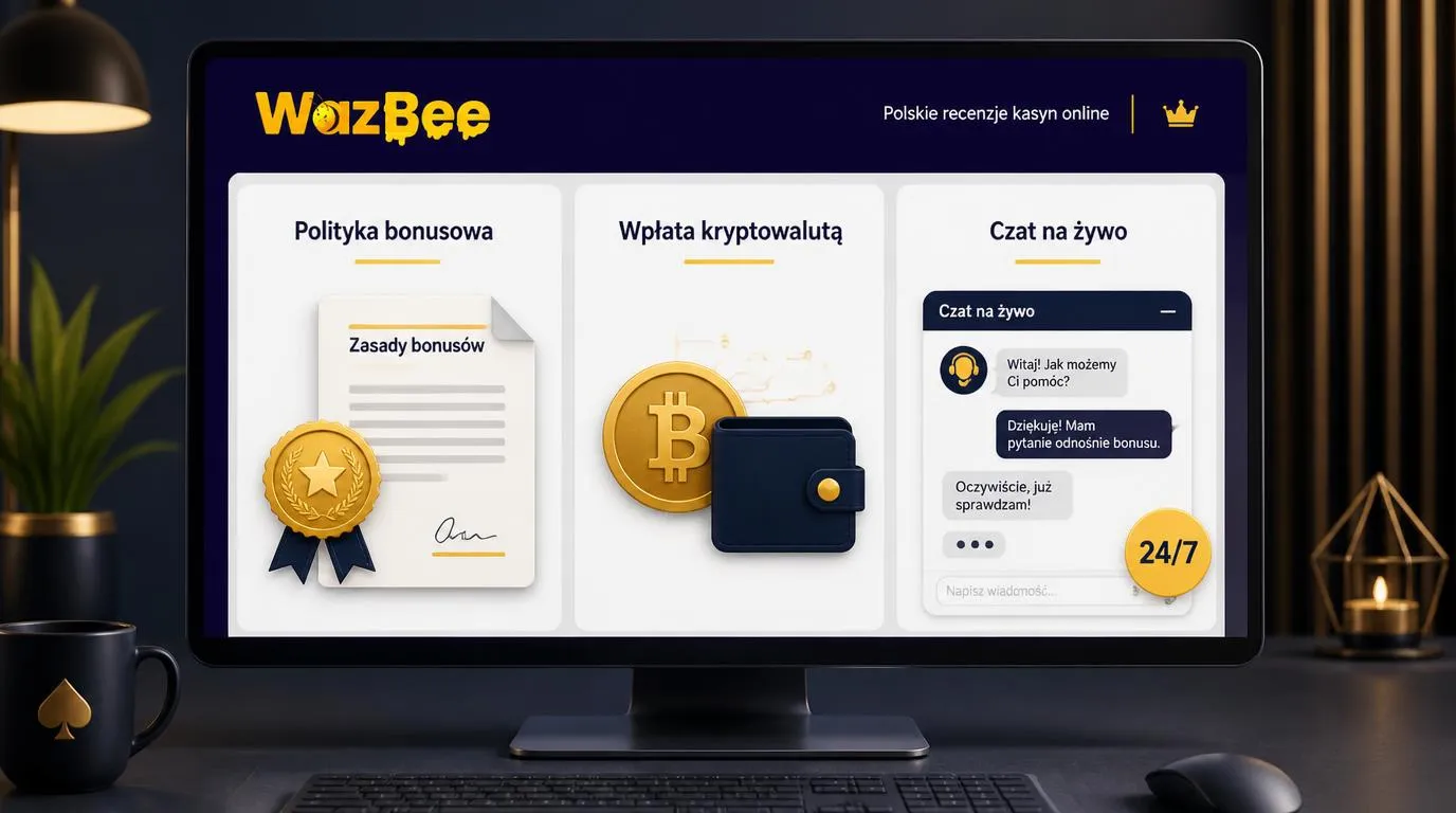Panel kasyna z wyróżnieniem polityki bonusowej, opcją wpłaty kryptowalutowej i czatem dostępnym 24/7