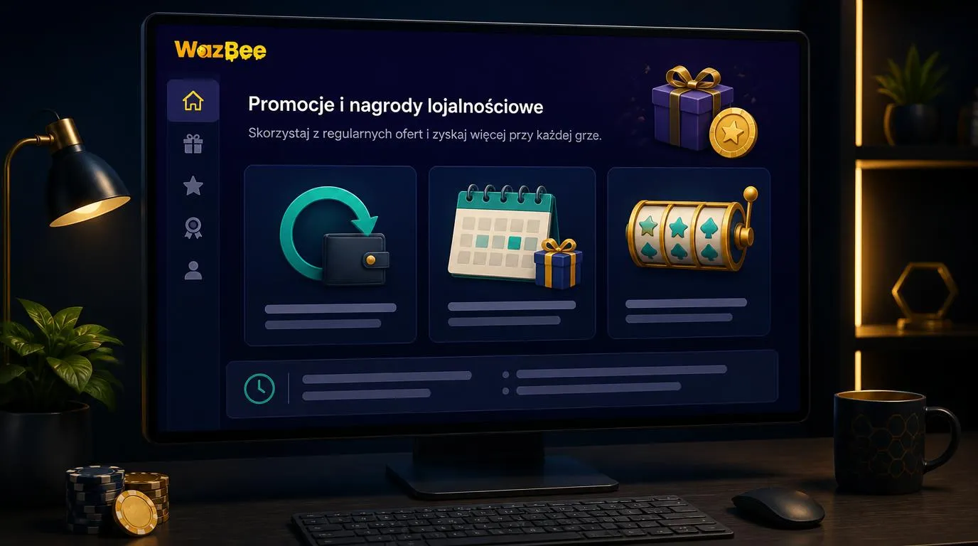 Panel promocji kasynowych z kalendarzem nagród tygodniowych, kartą cashbacku i dodatkowymi obrotami
